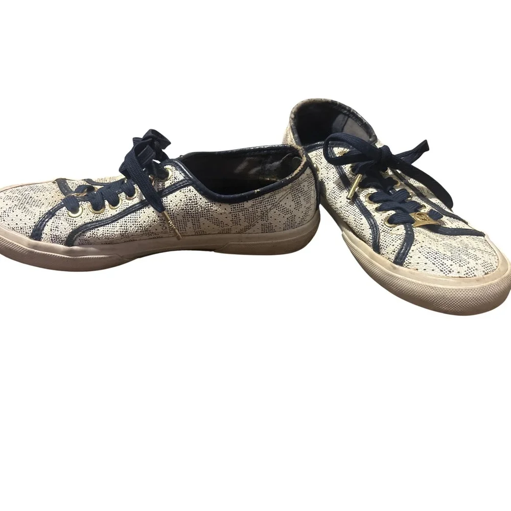 Michael Kors Womens Navy White Monogram Lace Up Sneakers Gold Hardware Size 6M